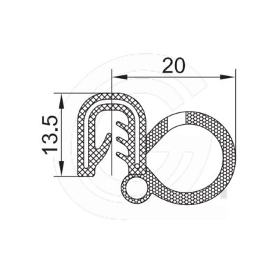 Klemprofiel | EPDM | mosrubber kraal zijkant | zwart | 13,5 x 20 mm | rol 50 meter